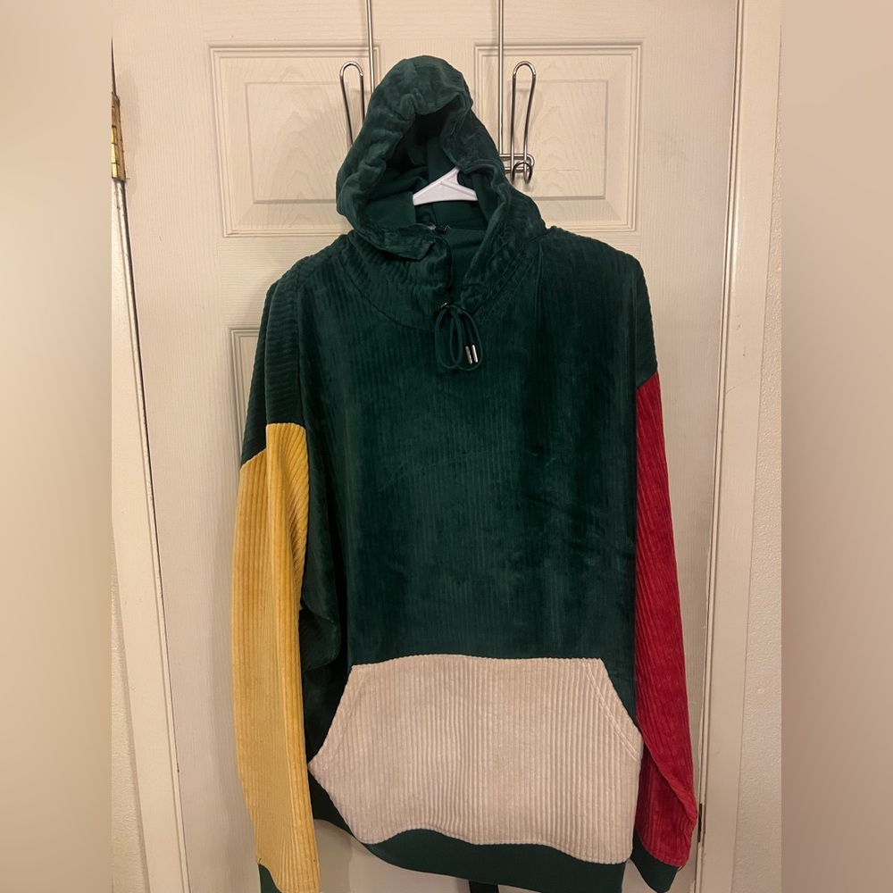 Asos Cord Velour Colorblock Hoodie with Green, Red, Yellow, and Cream Size L